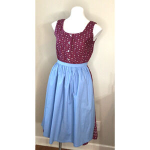 Handmade Vtg. 80s Burgundy Floral Peasant Dress with Blue Apron Size 8